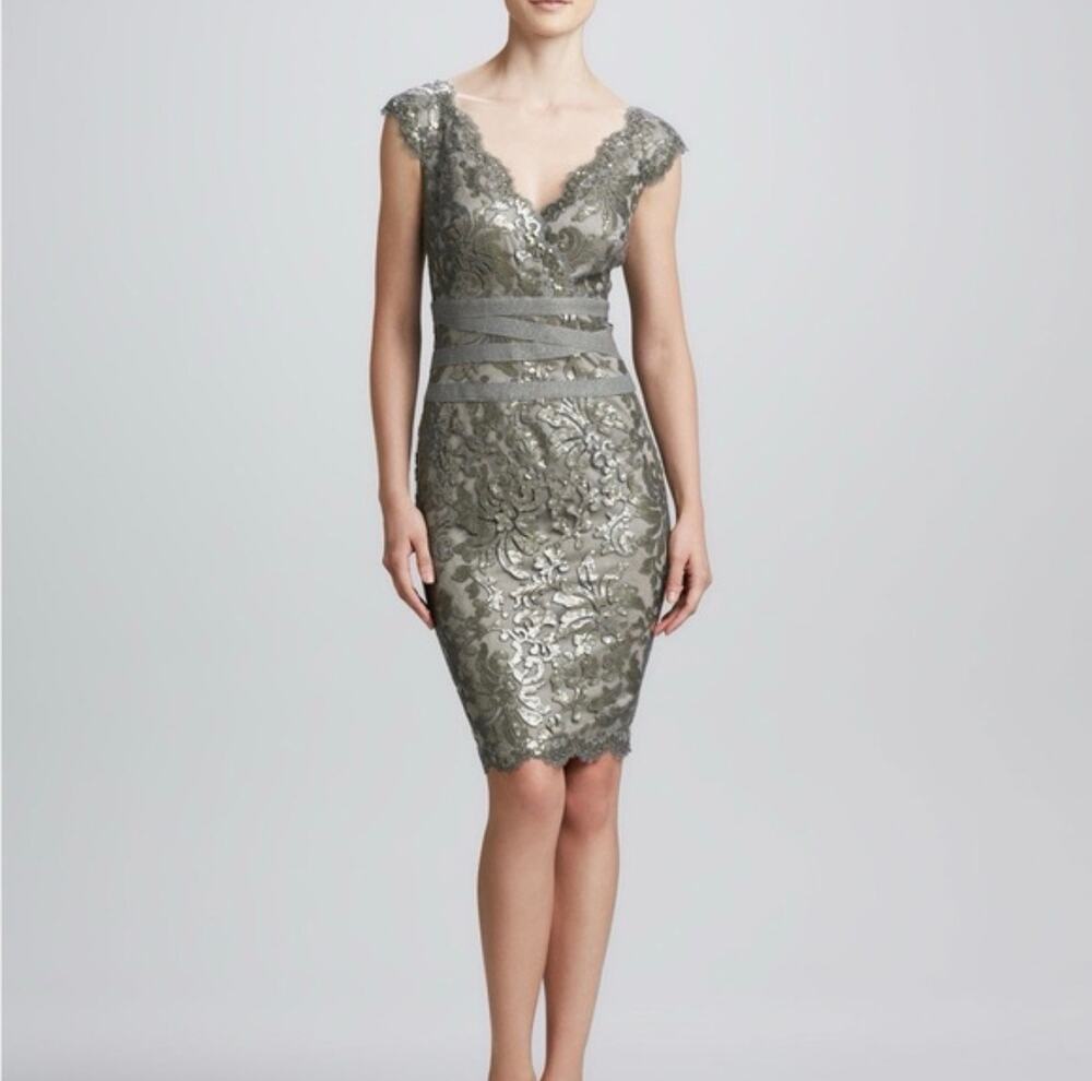 Tadashi Shoji | Dresses | Tadashi Shoji Metallic Sequin Lace Cocktail Dress Pewtertaupe Dress Size